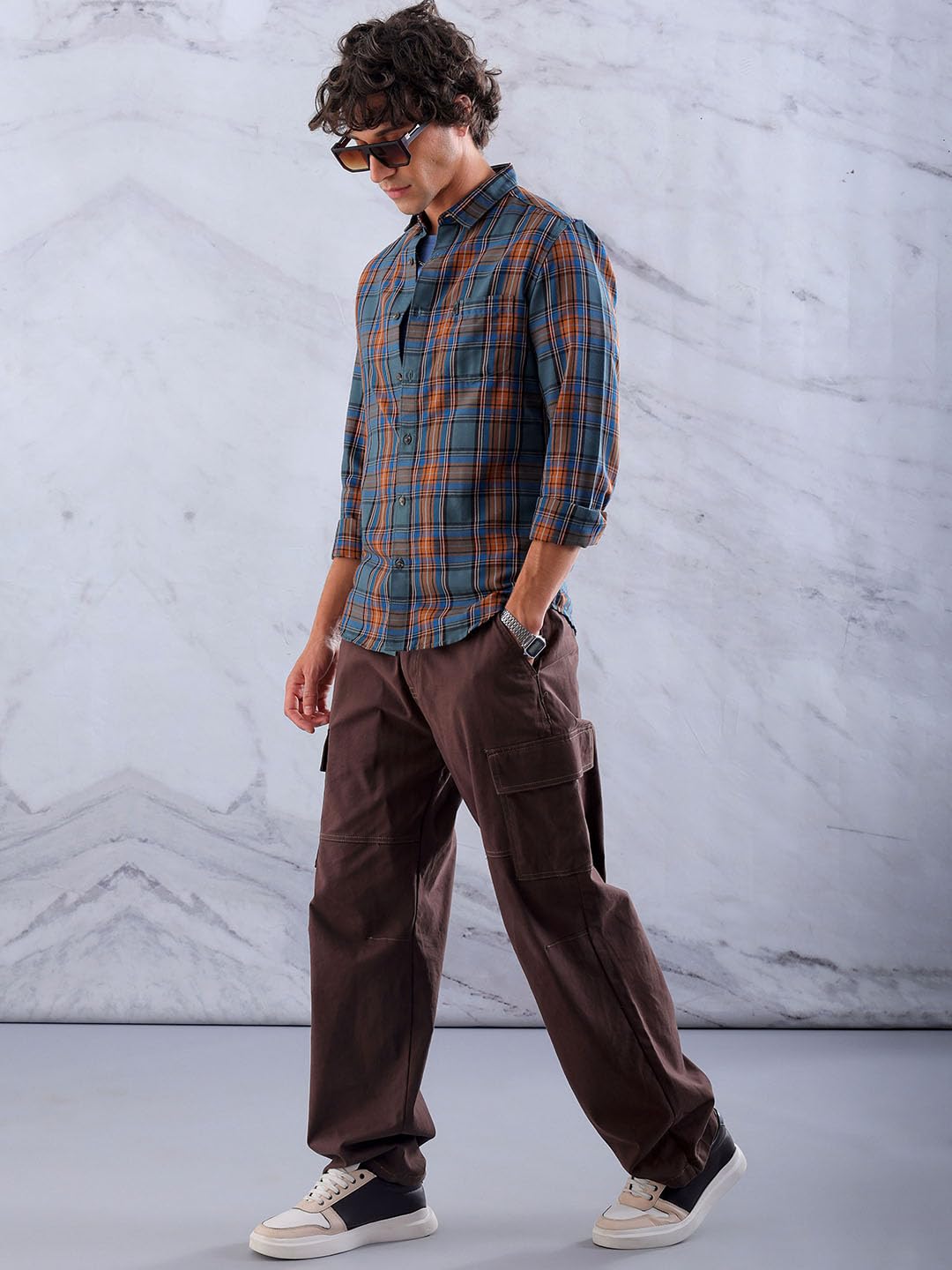 The Indian Garage Co Mens Teal Cotton Slim Fit Full Sleeve Checked Shirt