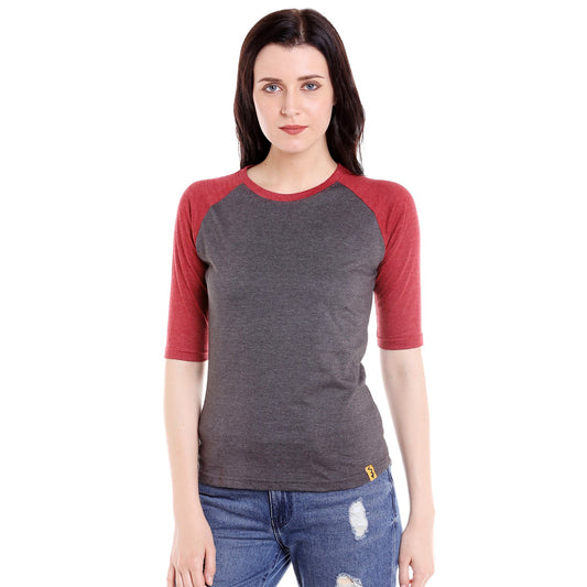 Campus Sutra Womens Red & Charcoal Grey Raglan Sleeve Top for Casual Wear | Crew Neck | Short Sleeve | Poly Cotton Top Crafted