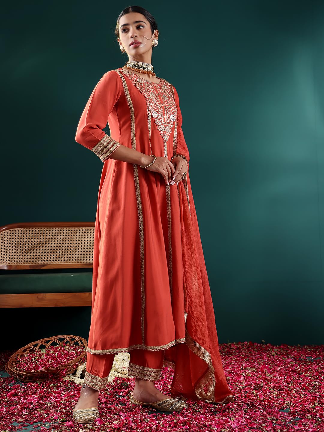 Varanga Women Rust Zari & Sequins Embroidered Anarkali Kurta With Bottom & Dupatta  Elegant Ethnic Wear