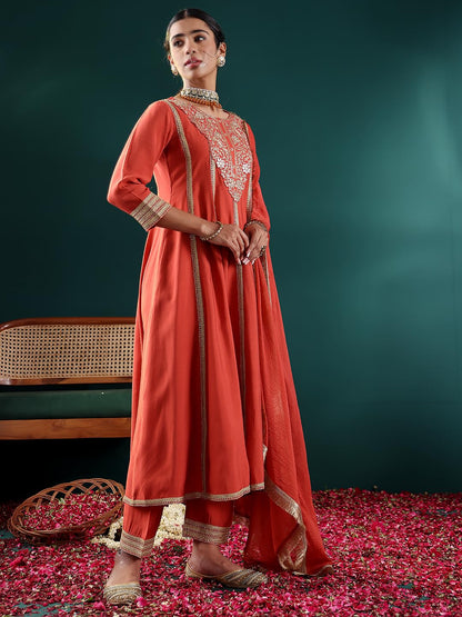 Varanga Women Rust Zari & Sequins Embroidered Anarkali Kurta With Bottom & Dupatta  Elegant Ethnic Wear