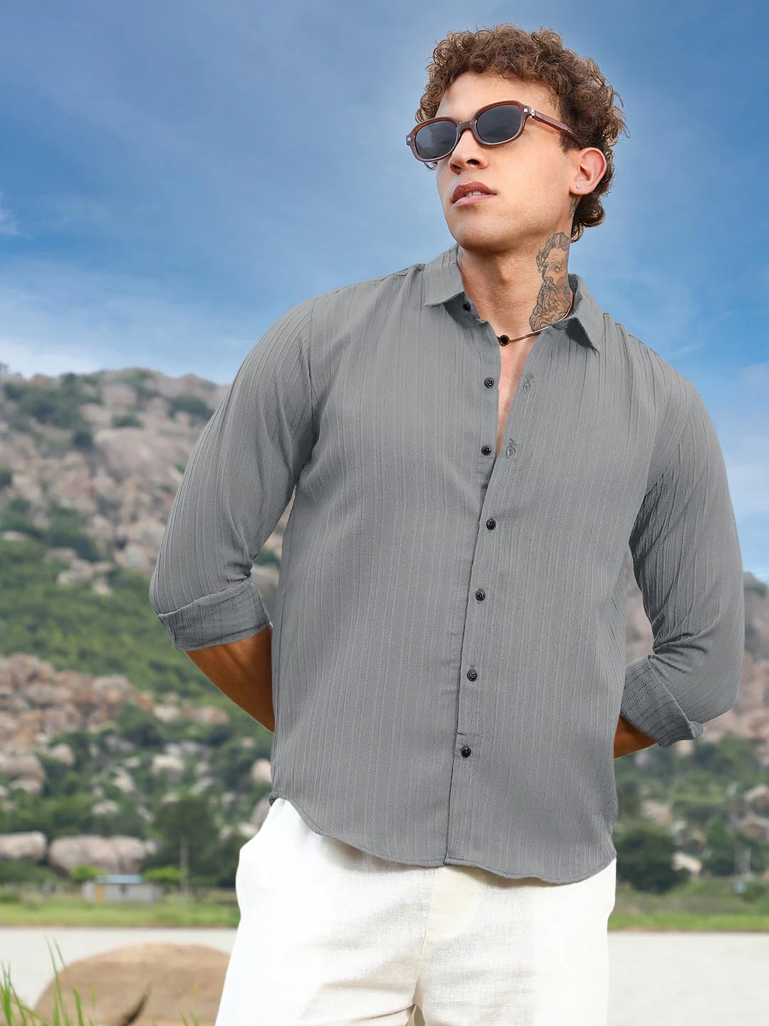 Finivo Fashion MenS Striped Cotton Casual Button Down Shirts Long Sleeve Textured Summer Beach Shirt For Men Grey