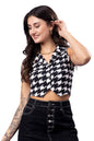 POPWINGS Black & White Printed Button Clousre V Neck Sleeveless Waistcoat Crop Top