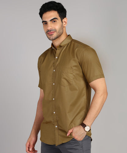 Mildin MenS Regular Cotton Blend Brown Slim Fit Solid Button Down Spread Collar Half Sleeve Curved Hemline Formal Shirt With On