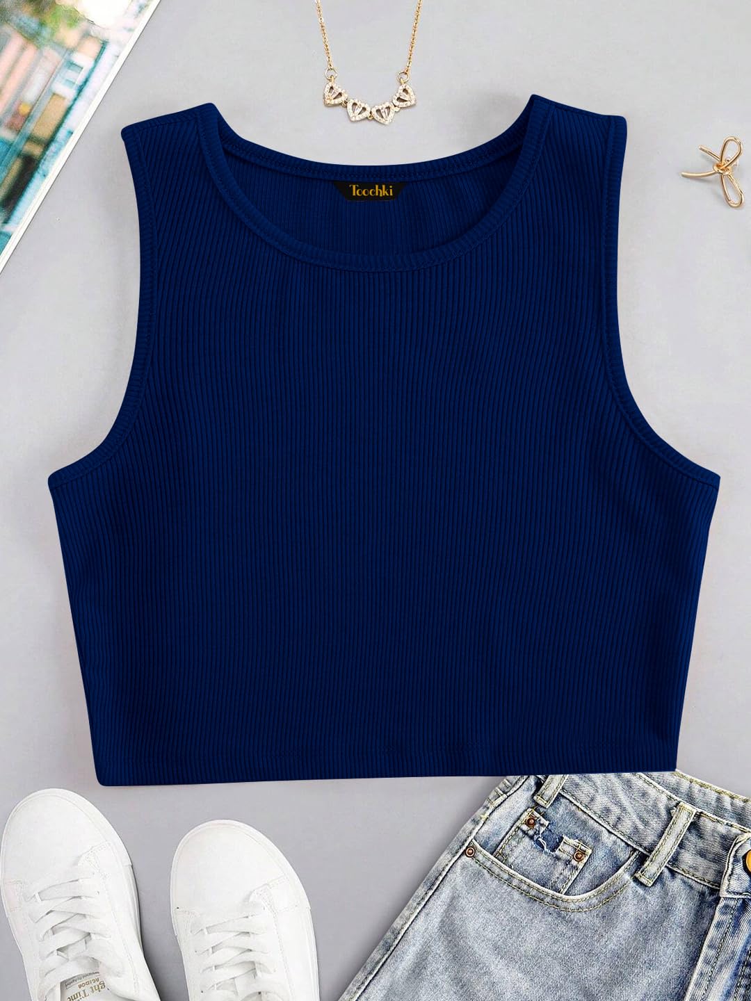 Toochki Tops for Woman | Spandex Top | Crop | Short | Western | for Jeans | Sleeveless | Stretchable | Navy Blue