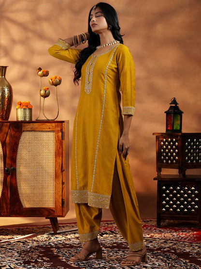 Libas Womens Embroidered Silk Blend Straight Kurta With Dhoti Pant And Dupatta