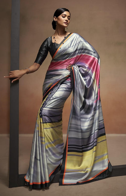 Pujia Mills Woman Digital Floral Print Satin Silk Saree Indian Ethnic Wear Simple Printed Saree With Unstitch Blouse Regular Pri