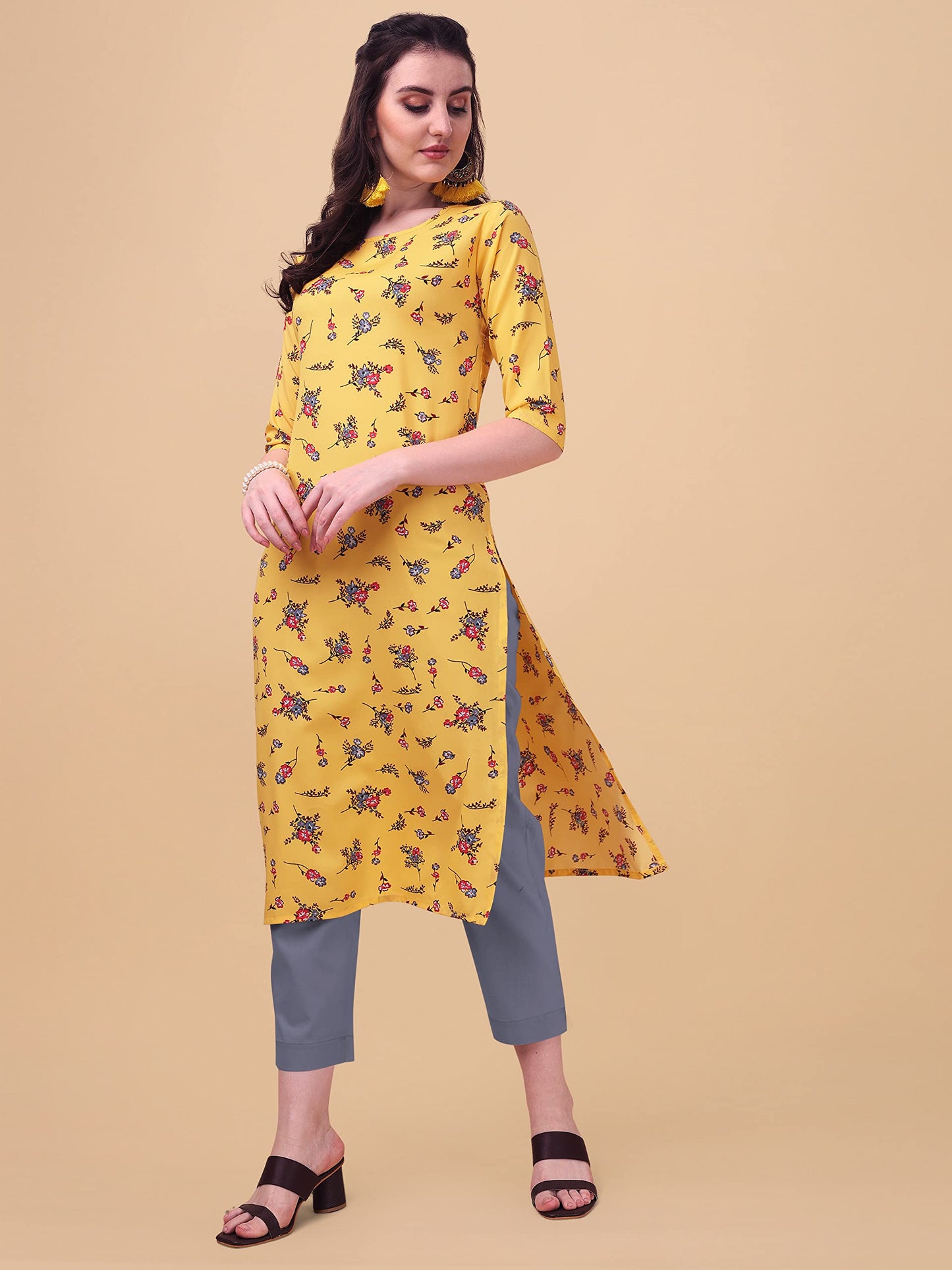 LookMark Women's Crepe Printed Regular Kurti | Kurta (K1100-S) Yellow