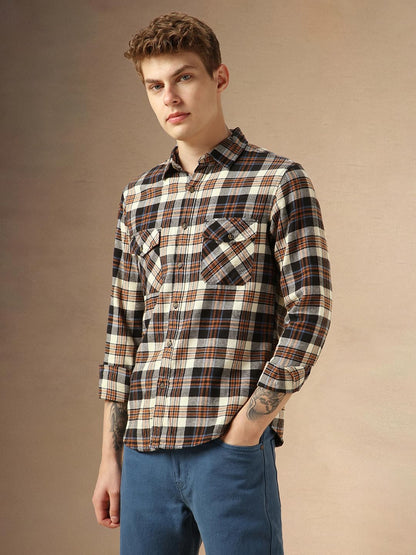 Dennis Lingo MenS Navy Blue Cotton Spread Collar Long Sleeves Checked Shirts