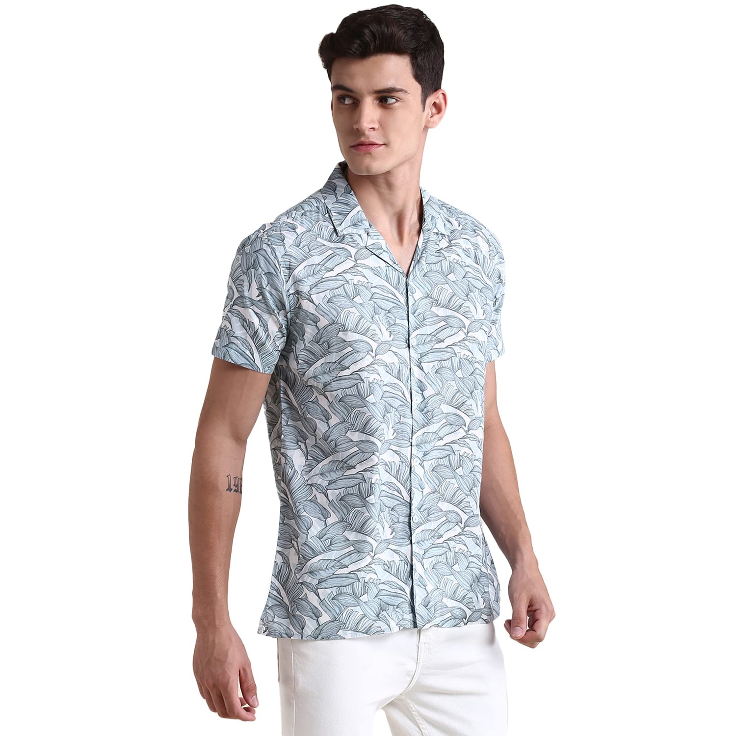 Dennis Lingo MenS White Leaf Print Slim Fit Casual Shirt