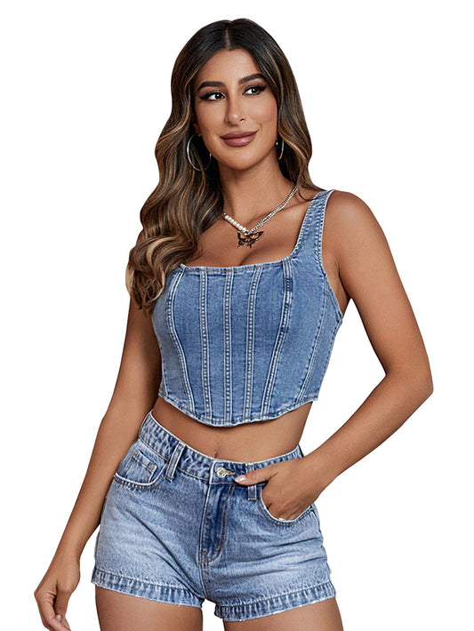 Shasmi Womens Solid Slim Fit Cotton Blouse Square Neck Denim Crop Top 158_Sky Blue