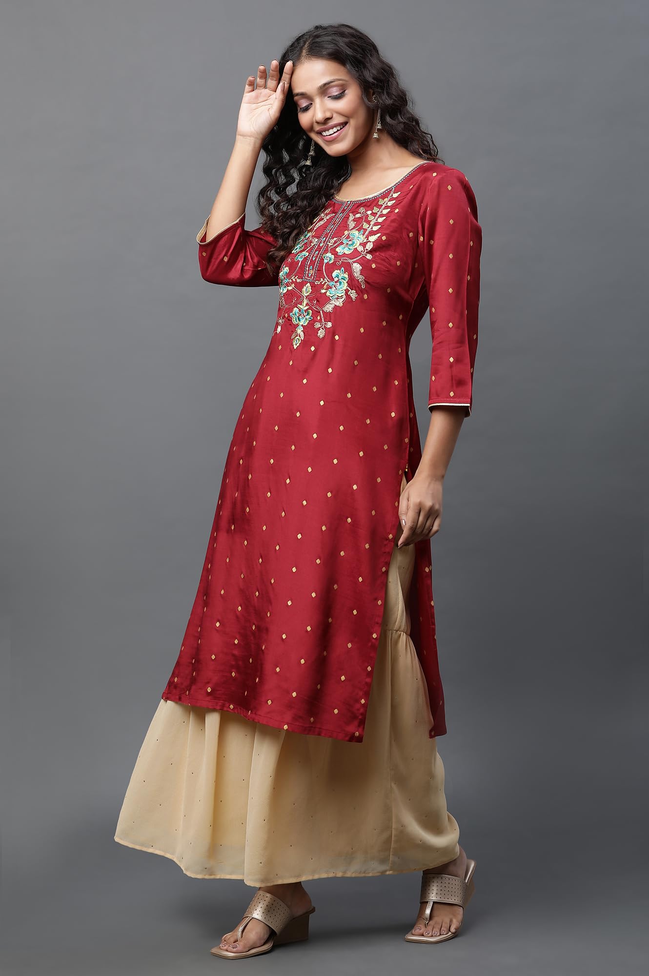Aurelia Red Embroidered Straight Long Kurta