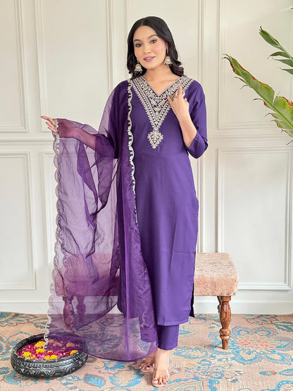 Naixa WomenS Violate Rayon Slub Embroidered Straight Kurta With Rayon Slub Pant And Organza Laced Dupatta Sets (Nx-575-Violate-