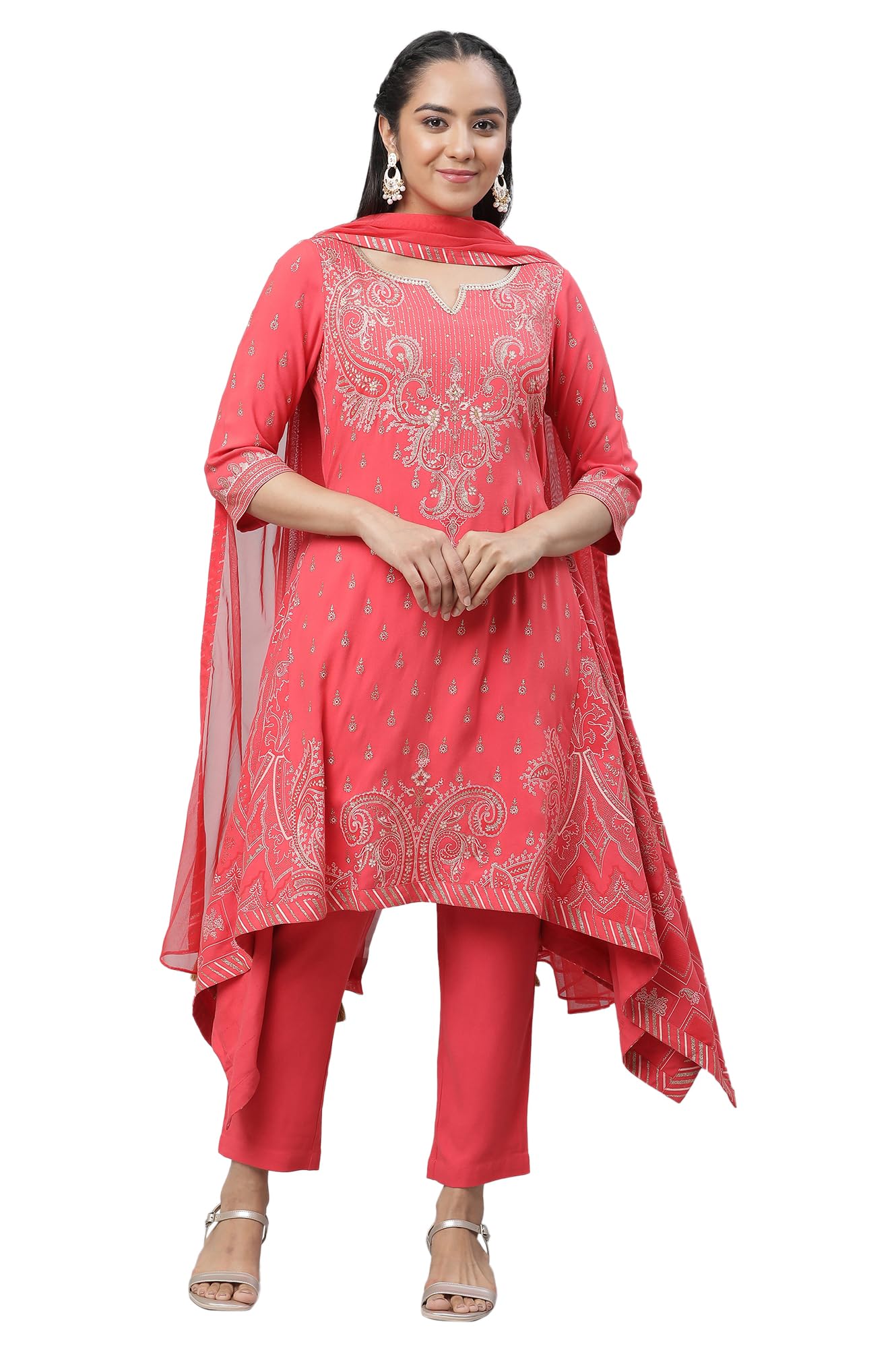 Aurelia WomenS Red Rayon Twill Asymmetrical Kurta, Trousers And Dupatta Set_23Aud10598-507132_M