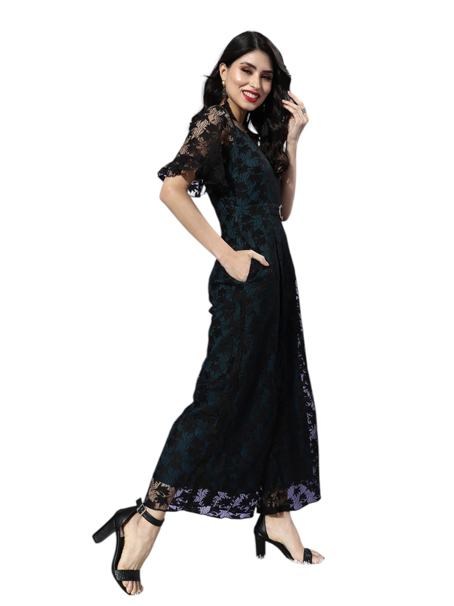 Miss Chase Womens V-neck Solid Regular Jumpsuit (MCAW21D99-64-85-06, Black & Teal, XL)