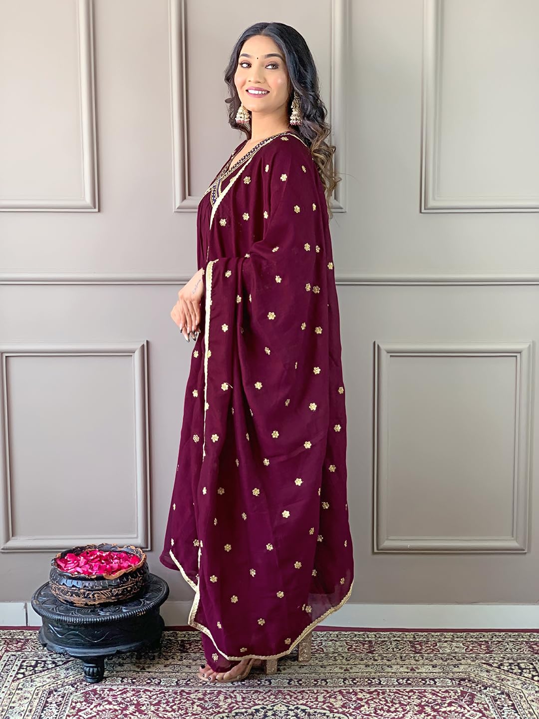 Naixa Womens Wine Vichitra Silk Embroidered A-line Kurta with Vichitra Silk Pant and Chinon Embroidered Dupatta Sets (NK-442-Wi