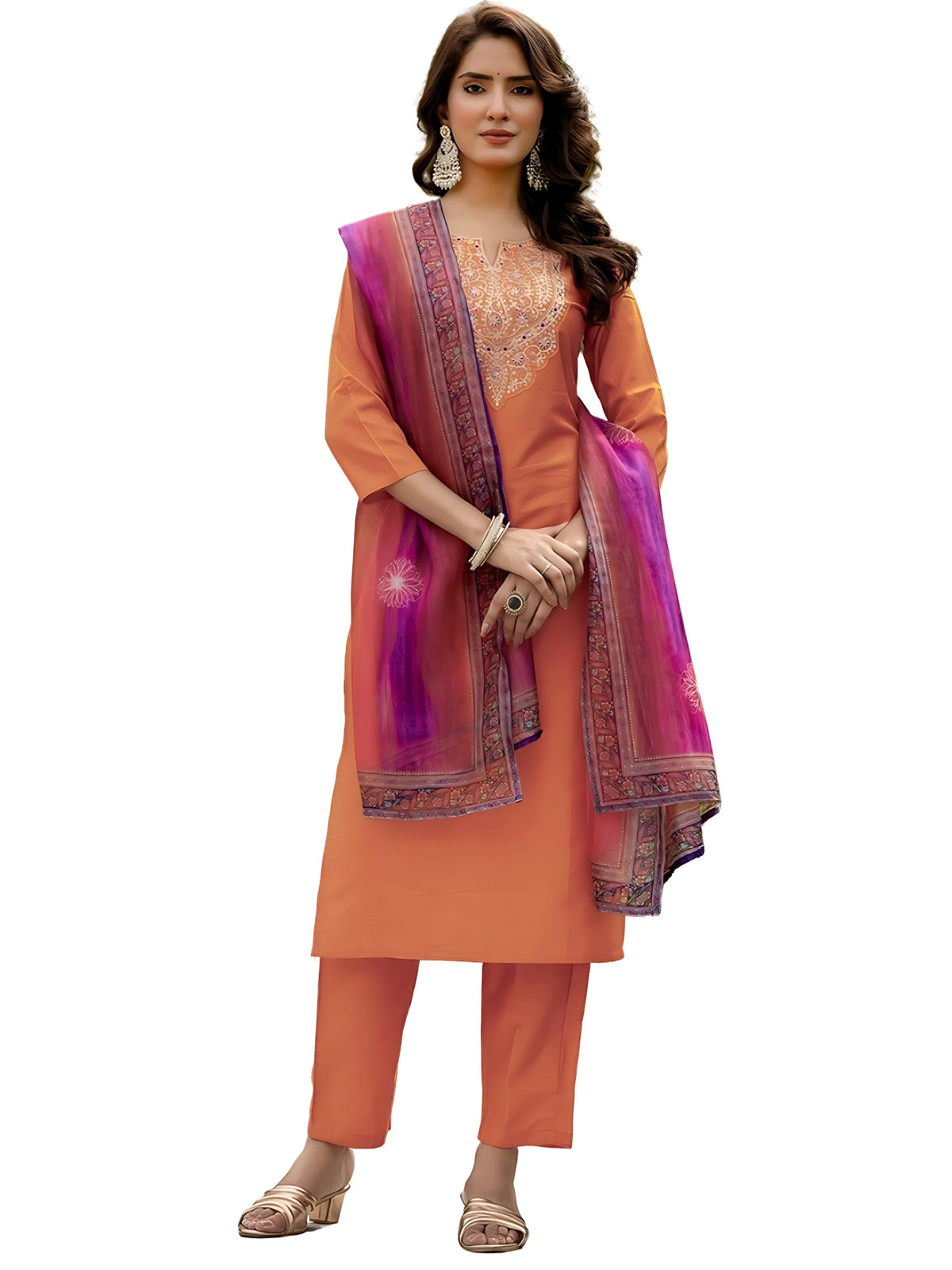 Naixa Kurta Straight Embroidered Rayon Womens with Pants and Dupatta Sets (NX2-700), Orange, L