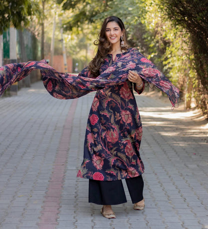 GoSriKi Women's Cotton Blend Floral Printed Straight Kurta with Palazzos & Dupatta (JAPA-GS)