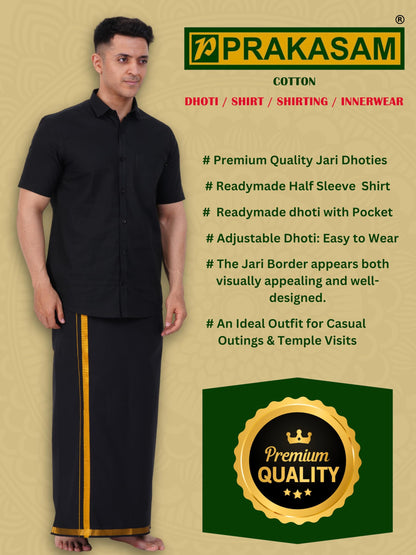 PRAKASAM COTTON Mens Flexi Readymade Black Jari Border Dhoti + Half sleeve Black Shirt for mens