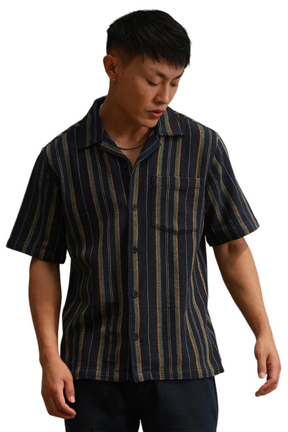 Hubberholme Multi Cotton Spread Collar Short Sleeves Striped Regular Fit Shirts