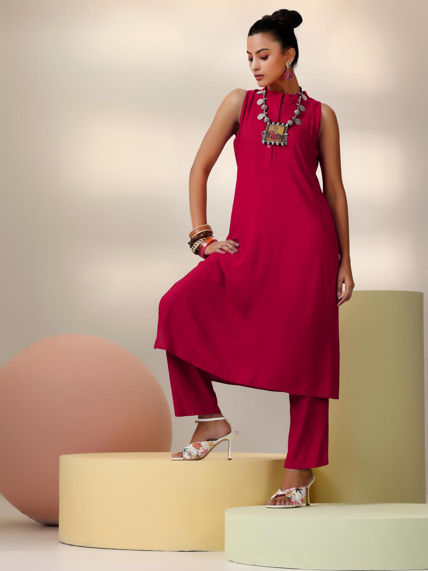 Libas Womens Solid Cotton Blend Co-Ord Set For Women