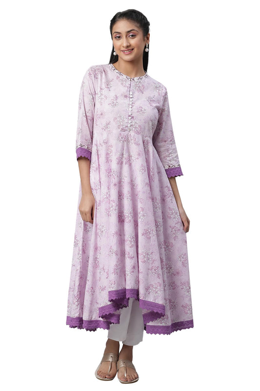 Aurelia WomenS Floral Printed Printed Embroidered Anarkali Purple Cotton Kurta