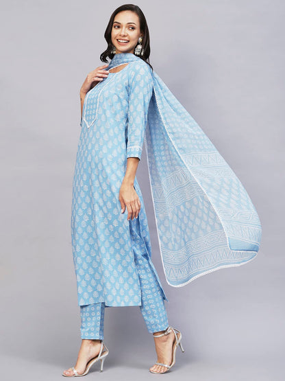 GoSriKi Women's Cotton Blend Straight Printed Kurta with Pant & Dupatta (Dooti Blue-GS)