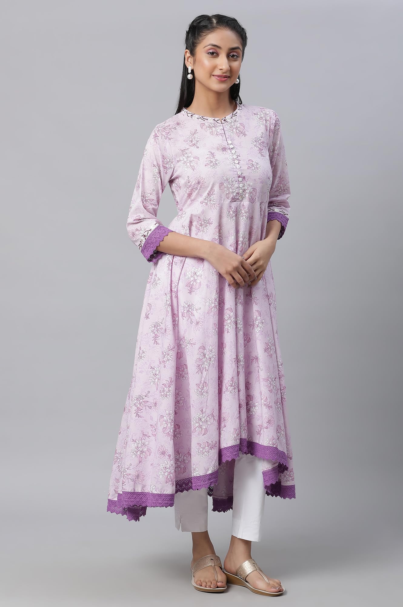 Aurelia WomenS Floral Printed Printed Embroidered Anarkali Purple Cotton Kurta