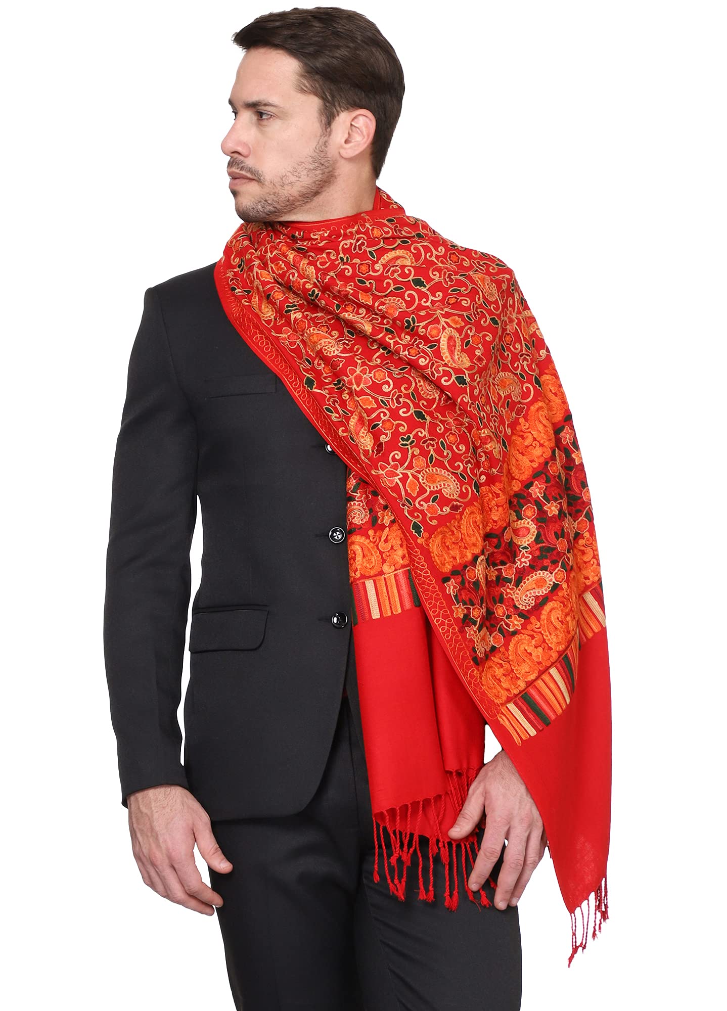 Weavers Villa Mens Floral Embroided Cashmilon Gents Shawls, Stoles, Muffler for Men, 70cm x 200cm