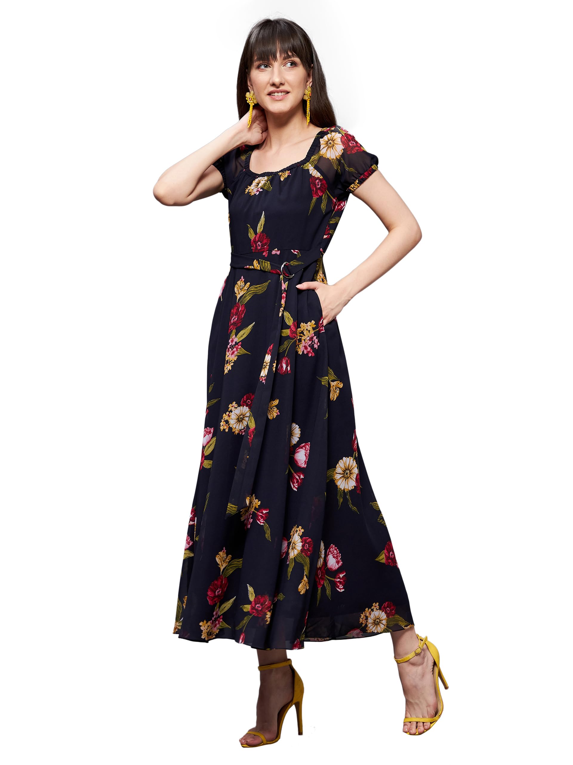 Miss Chase WomenS Square Neck Short Puff Sleeve Floral Fit & Flare Georgette Midi Dress (Mcss22D16-21-178-05, Multicolored-Base