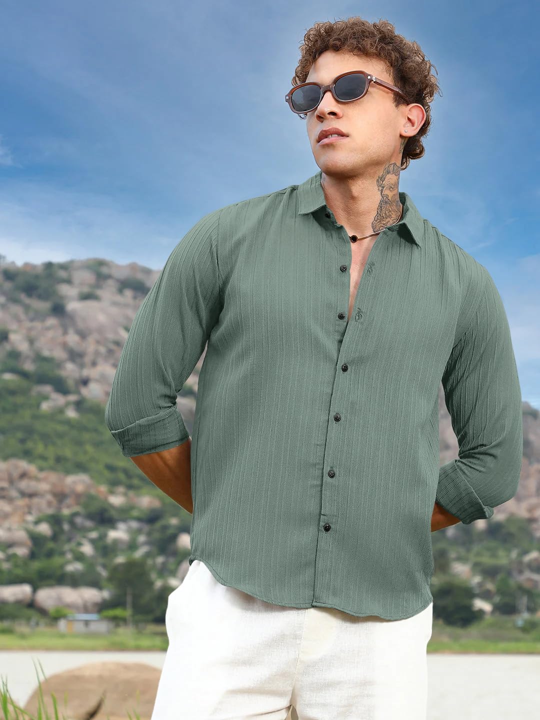 Finivo Fashion MenS Striped Cotton Casual Button Down Shirts Long Sleeve Textured Summer Beach Shirt For Men Green