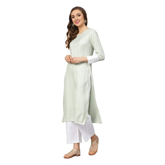 idaLia Women's Sage Green Textured Rayon Kurta with White Pants