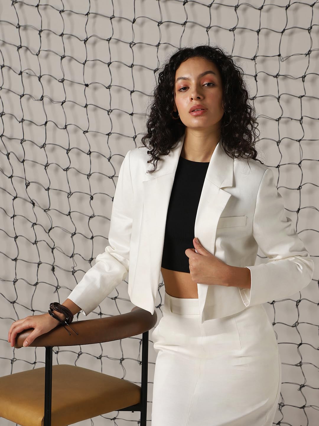 Hubberholme Women Solid-Crop Length Oversized Notch Lapel Collar Full Sleeve Blazer White