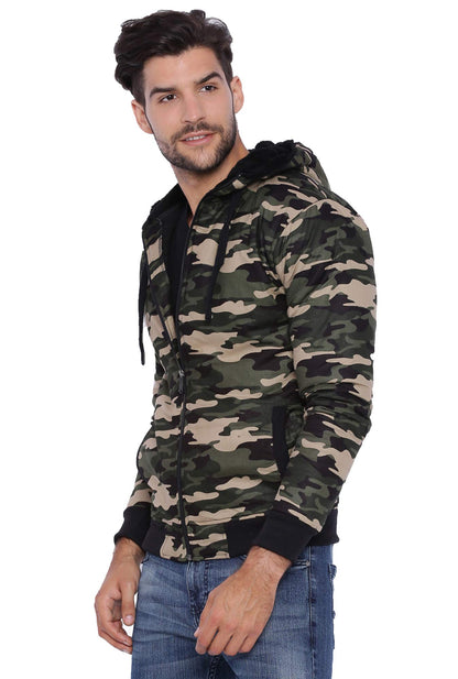 Campus Sutra Mens Forest Green Camouflage Hoodie with Insert Pocket for Casual Wear | Hooded Neck | Long Sleeve | Zipper Closur