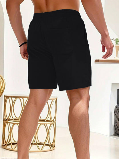 AVANOVA Mens Black Solid Color Loose Fit Drawstring Short with Pockets, Casual Patch Pocket Waist Letter Print Shorts (Shotrs 1