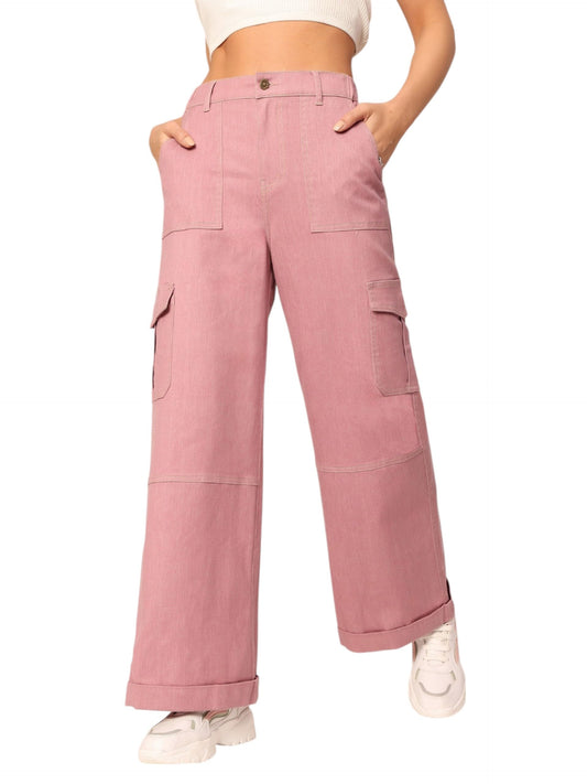 Dolce Crudo Womens Wide Leg High Rise Denim Pants (DOAW24DEN13-31-536-34, Rose Pink, 34)