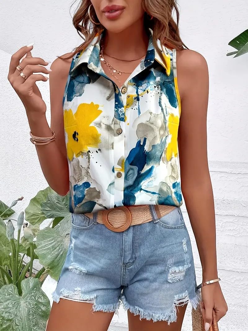 Gufrina WomenS Sleeveless Button Down Shirt With Abstract Floral Print In Yellow And Blue - Lightweight Casual Summer Top For Re