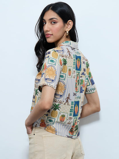 The Souled Store Originals: Tropical Mood Women and Girls Short Sleeves Collared Neck All Over Printed Cotton Regular Fit Casual