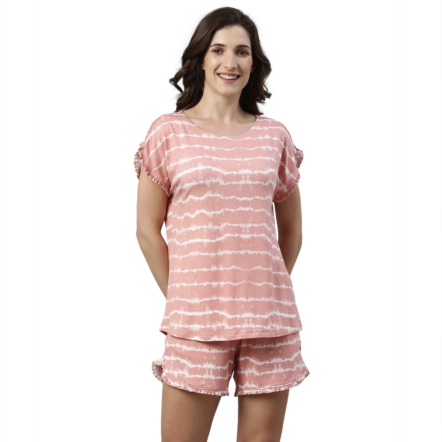 Enamor Essentials Womens Relaxed Fit Modal Fabric Short Sleeve Printed Shirt and Mid-Rise Mid-Thigh Length Slounge Shorts Set -