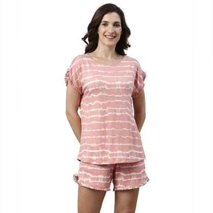 Enamor Essentials Womens Relaxed Fit Modal Fabric Short Sleeve Printed Shirt and Mid-Rise Mid-Thigh Length Slounge Shorts Set -