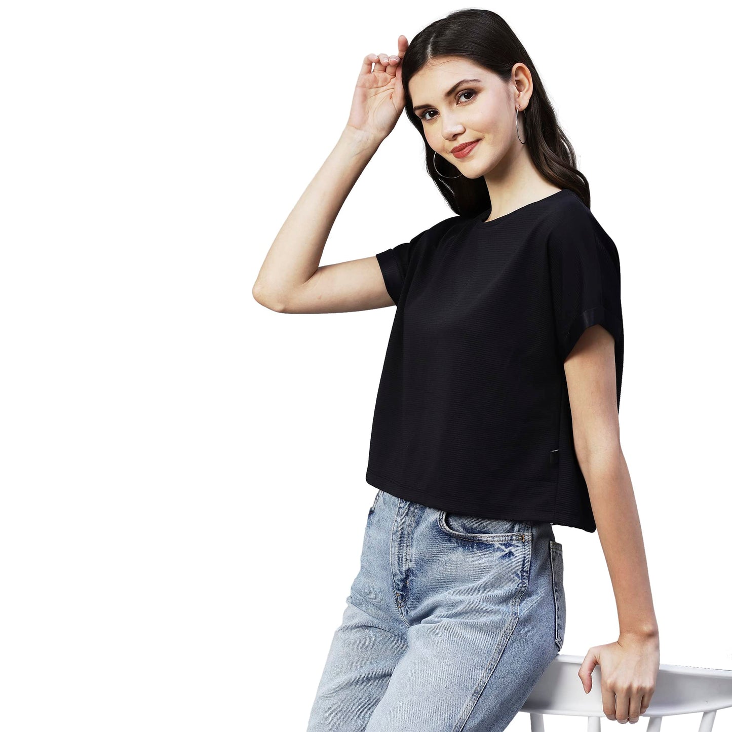 Rigo Women Black Cap Sleeves Poly Corduroy Crop Top