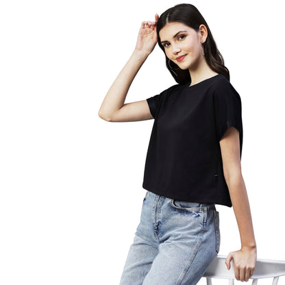 Rigo Women Black Cap Sleeves Poly Corduroy Crop Top
