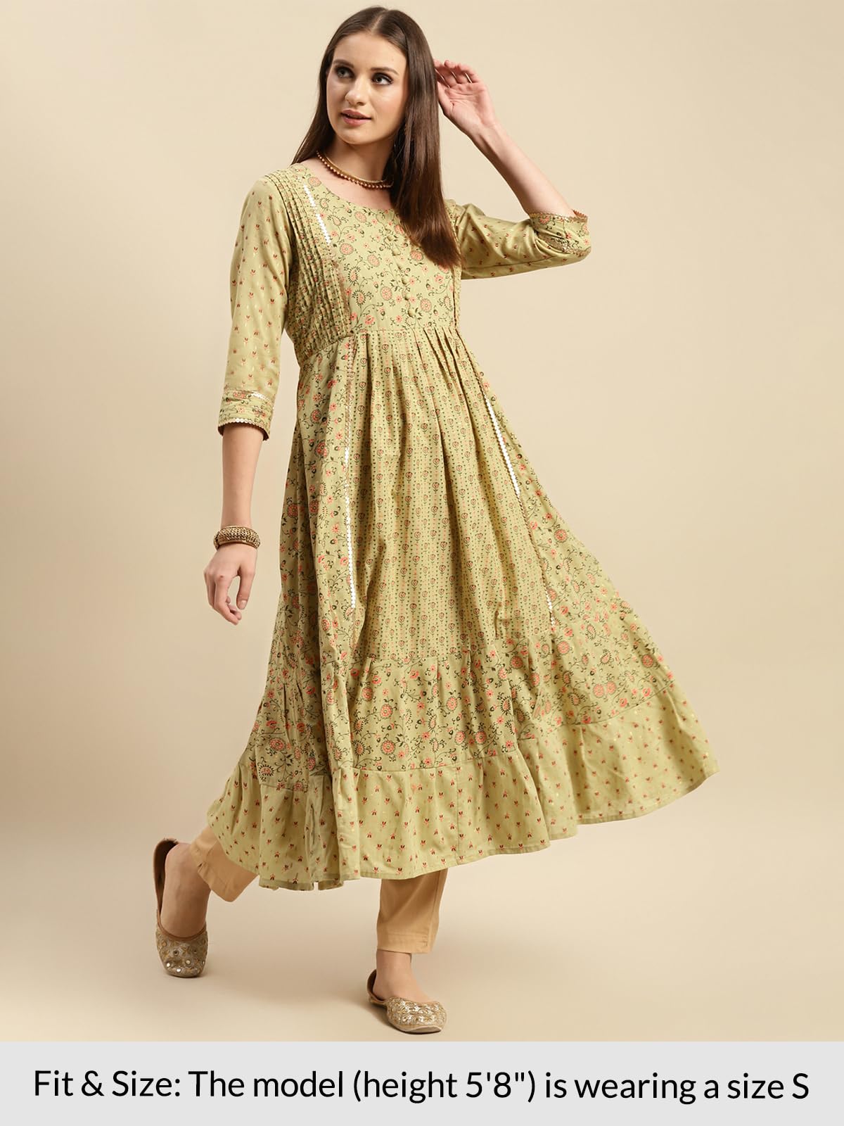 rangita Green Cotton Calf Length Embroidered Anarkali Kurti for Women | Kurta for Women