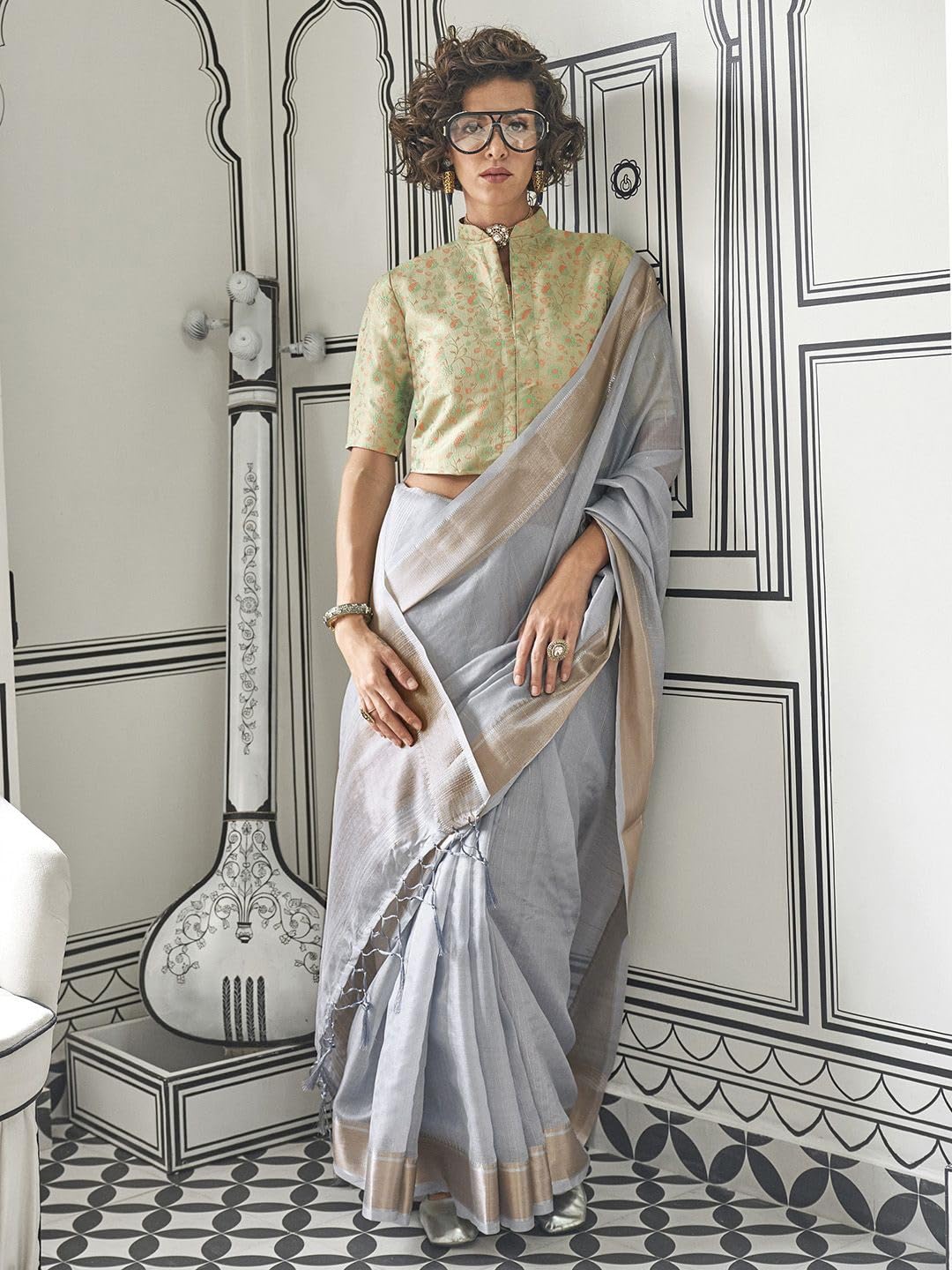 Madhuhansh Womens Soft Linen Saree With Unstitched Multicolor Paisley Blouse Piece Saree With Satin Border Comfortable Skin Frie