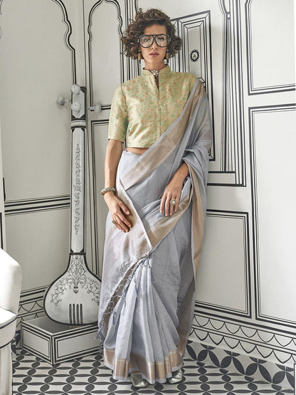 Madhuhansh Womens Soft Linen Saree With Unstitched Multicolor Paisley Blouse Piece Saree With Satin Border Comfortable Skin Frie