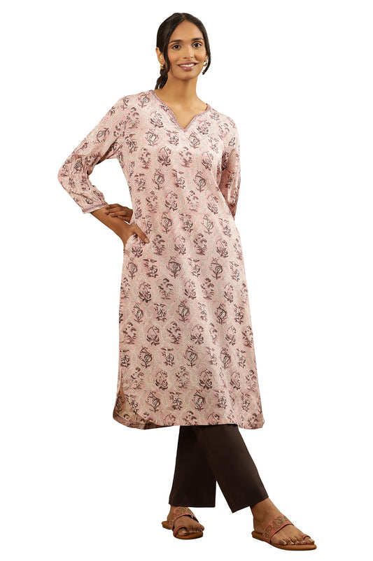 Folksong by W Women Pink Printed Viscose Straight Kurta