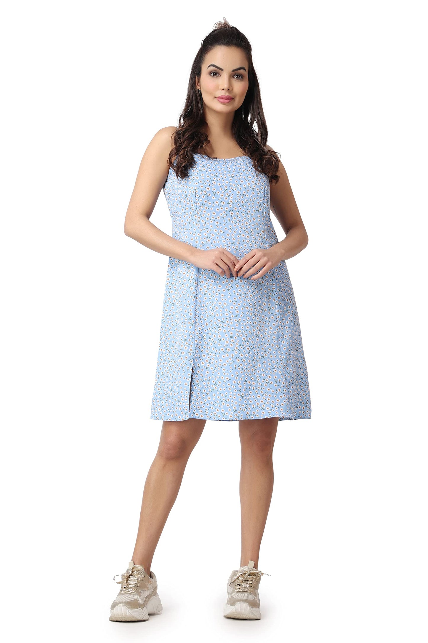 Popwings Casual Fit And Flare Sleeveless Square Neck Knee-Length Front Printed Slit Dress For Women || Stylish Summer Woman Dres