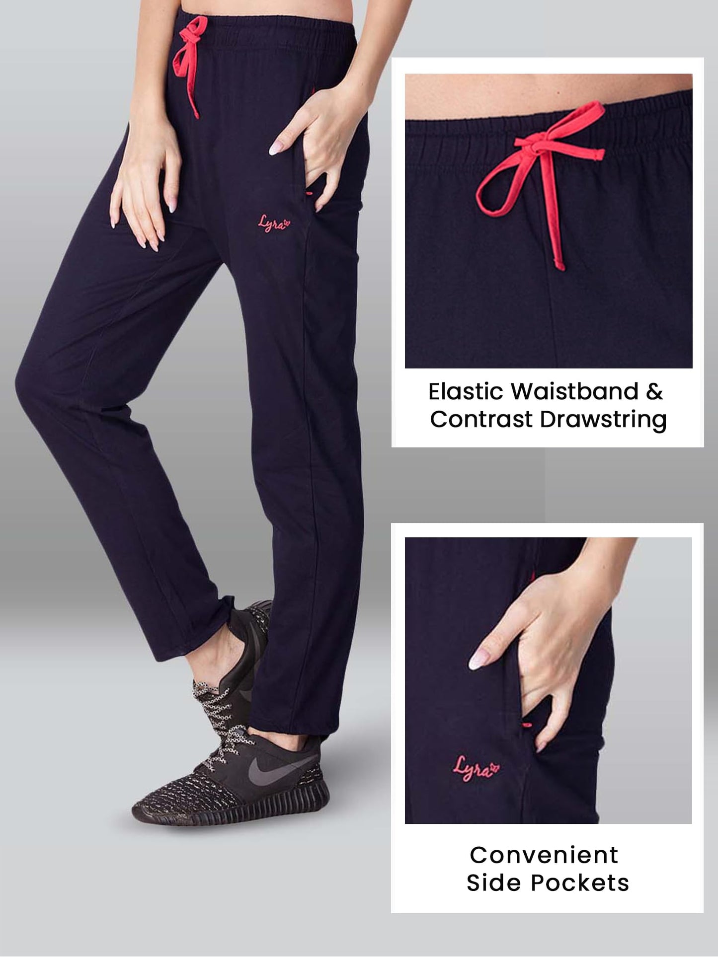 Lyra Womens Regular Fit Gym Track Pants With 2 Side Pockets 4 Way Stretchable Navy