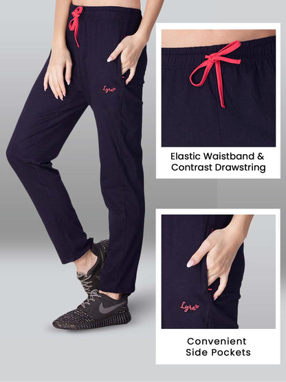 Lyra Womens Regular Fit Gym Track Pants With 2 Side Pockets 4 Way Stretchable Navy