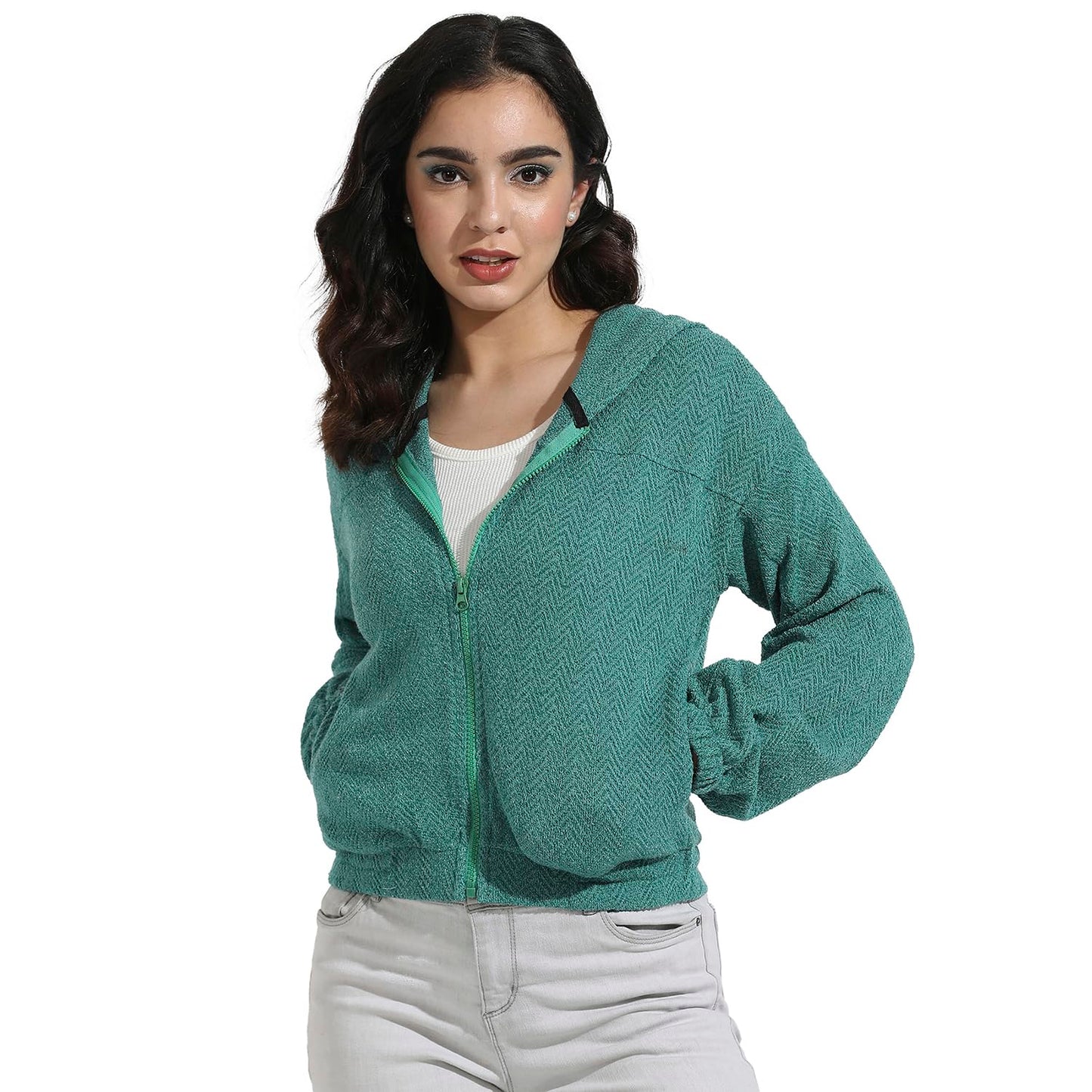 Campus Sutra Womens Cotton Teal Green Zip-Front Chevron Hoodie with Elasticated Hem for Casual Wear|Hood Neck|Long Sleeve|Zip C