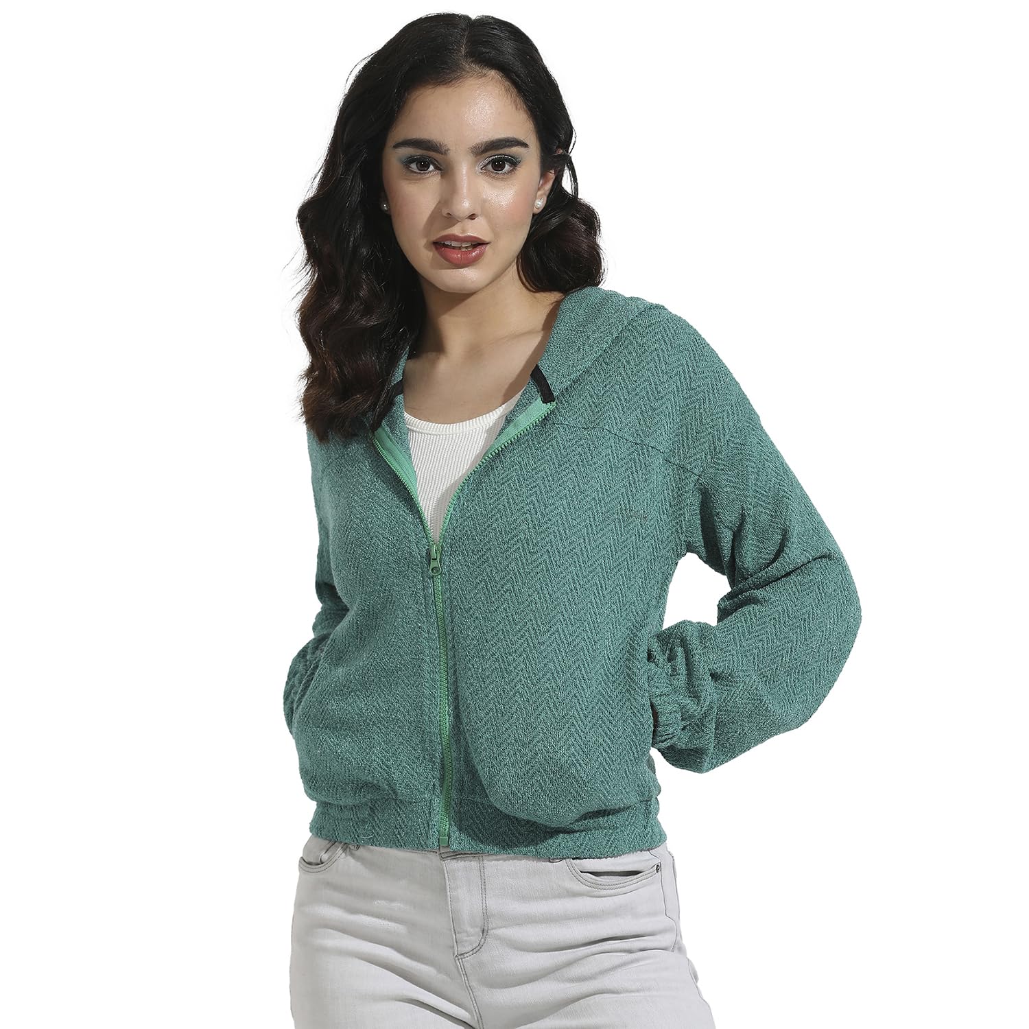 Campus Sutra Womens Cotton Teal Green Zip-Front Chevron Hoodie with Elasticated Hem for Casual Wear|Hood Neck|Long Sleeve|Zip C